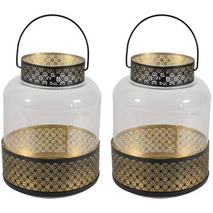 2x Stuks Lantaarns/windlichten Zwart/goud Arabische Stijl 20 X 28 Cm Metaal En Glas antaarns