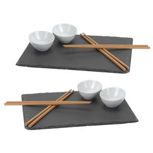 Merkloos 7-Delige sushi set voor 4x personen - Leisteen plankje/kommetje/eetstokjes