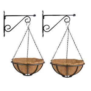 Esschert Design Set van 2x stuks Hanging baskets 30 cm met muurhaken - Complete hangmand set van metaal