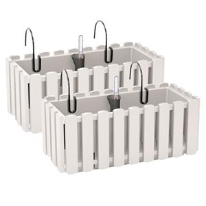 Prosperplast 2x stuks fence-look ophang plantenbakken/bloembakken kunststof 38 x 18 x 16 cm parel wit met handige droogtemeter voor binnen/buiten