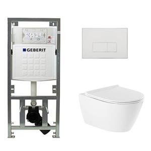 QeramiQ Salina rimless toiletset met Geberit inbouwreservoir diepspoel wandcloset wit softclose en quickrelease zitting bedieningspaneel met rechthoekige knoppen glans wit 0701131/SW96855/SW96857/SW70