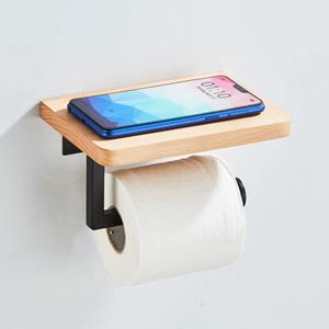 Saniclear Lumber toilet rolhouder met plank mat zwart walnoothout