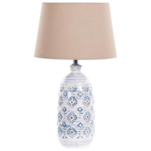 beliani Tischlampe Weiß / Blau Keramik 45 cm mit beigem Schirm langes Kabel mit Schalter Wohnzimmer Medernes Design - Weiß