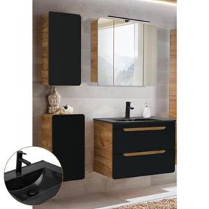 LOMADOX Badezimmer Set in seidenmatt anthrazit mit Wotaneiche NEW-LUTON mit 80 cm Keramik Waschtisch & LED Spiegelschrank, B/H/T ca. 131/200/46 cm schwarz