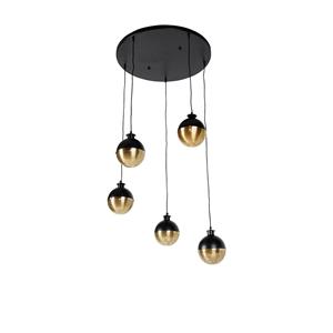 QAZQA Industriële hanglamp zwart met messing 5-lichts - Haicha