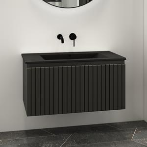 Fontana Lento zwart badkamermeubel ribbelfront zwarte wastafel 80cm geen kraangat