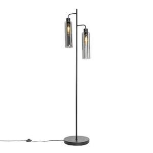Qazqa Moderne Vloerlamp Zwart Met Smoke Glas 2-lichts - Stavelot