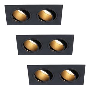 HOFTRONIC™ Set van 3 Mallorca dubbele LED inbouwspots vierkant - Kantelbaar - 2700K Warm wit - GU10 - 5 Watt - Rechthoekig - GU10 verwisselbare lichtbron - Plafondspot voor binnen - Zwart