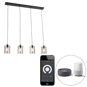 Qazqa - Smart hanglamp zwart met smoke glas incl. 4 Wifi ST64 - Dome - Schwarz