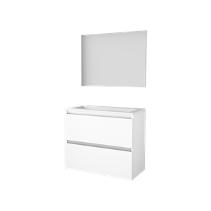 Basic 39 badmeubelset met spiegel op plaat, greeploze wastafelonderkast met 2 lades en porseleinen wastafel met 1 kraangat 80 x 39 cm, ice white