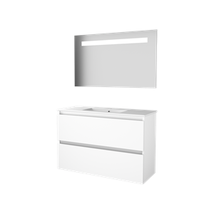 Basic Economic 39 badmeubelset met spiegel met geïntegreerde LED verlichting, greeploze wastafelonderkast met 2 lades en porseleinen wastafel met 1