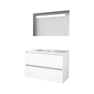 Basic Economic 46 badmeubelset met spiegel met geïntegreerde LED verlichting, greeploze wastafelonderkast met 2 lades en porseleinen wastafel met 1