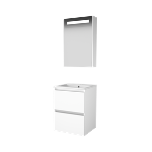 Basic Premium 46 badmeubelset met spiegelkast met geïntegreerde LED verlichting, greeploze wastafelonderkast met 2 lades en porseleinen wastafel met 1