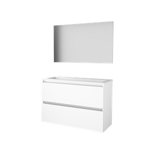 Basic 39 badmeubelset met spiegel op plaat, greeploze wastafelonderkast met 2 lades en acryl wastafel zonder kraangaten 100 x 39 cm, ice white