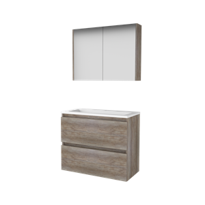 Basic Comfort 39 badmeubelset met spiegelkast, greeploze wastafelonderkast met 2 lades en acryl wastafel met 1 kraangat 80 x 39 cm, scotch oak