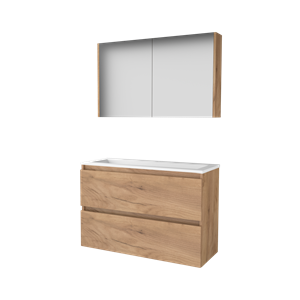 Basic Comfort 39 badmeubelset met spiegelkast, greeploze wastafelonderkast met 2 lades en acryl wastafel met 1 kraangat 100 x 39 cm, whisky oak