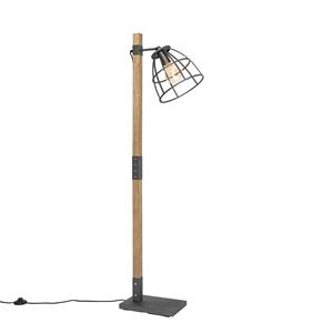 QAZQA Industriële vloerlamp zwart met hout - Arthur