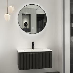 Fontana Lento zwart badmeubel ribbelfront 80cm met witte wastafel 1 kraangat en ronde spiegel
