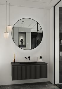 Fontana Lento zwart badmeubel ribbelfront 100cm met zwarte wastafel zonder kraangat en ronde spiegel