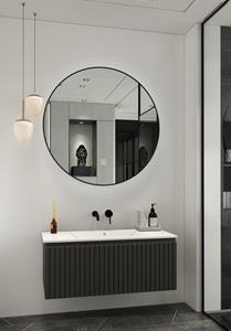 Fontana Lento zwart badmeubel ribbelfront 100cm met witte wastafel zonder kraangat en ronde spiegel