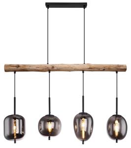 Globo Lighting Hanglamp houten balk rookglas 'Blacky' zwart design E14 fitting 100cm