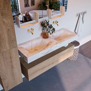 MONDIAZ ALAN-DLUX Badmeubelset 130cm badmeubel onderkast Washed_Oak 1 lade met vrijhangende wastafel CLOUD dubbel zonder kraangat kleur Frappe ADX130Was1LD0Fra