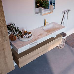 MONDIAZ ALAN-DLUX Badmeubelset 150cm badmeubel onderkast Washed_Oak 1 lade met vrijhangende wastafel CLOUD rechts 1 kraangat kleur Frappe ADX150Was1LR1Fra