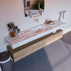 Mondiaz Alan DLux badmeubel 200cm washed oak 2 lades met wastafel glace midden zonder kraangat