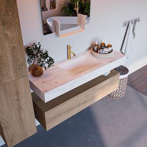 Mondiaz Alan DLux badmeubel 130cm washed oak 1 lade met wastafel ostra midden 1 kraangat