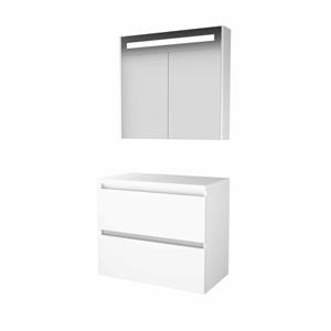 Basic Line Basic-Line Premium 46 badkamermeubelset - 80x46cm - greeploos - 2 lades - wastafelblad - Spiegelkast - geintegreerde LED verlichting - MDF lak Ice White 1813534