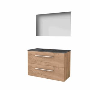 Basic-Line Basic 46 Badmeubelset - 100x46cm - met grepen - 2 lades - hardsteen wastafel - 0 kraangaten - Spiegel - MFC Whisky Oak 1813253