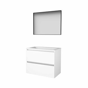 Basic Line Basic-Line Framed 46 badkamermeubelset - 80x46cm - greeploos - 2 lades - acryl wastafel - 1 kraangat - Spiegel - mat zwart aluminium frame - rondom - MDF lak Ice White 1813876