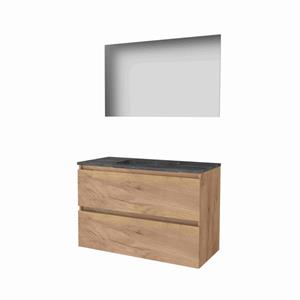 Basic Line Basic-Line Ultimate 46 badkamermeubelset - 100x46cm - greeploos - 2 lades - hardsteen wastafel - 0 kraangaten - Spiegel - verlichting MFC Whisky Oak 1813103