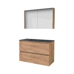 Basic Line Basic-Line Comfort 46 badkamermeubelset - 100x46cm - greeploos - 2 lades - hardsteen wastafel - 0 kraangaten - Spiegelkast - MFC Whisky Oak 1813163