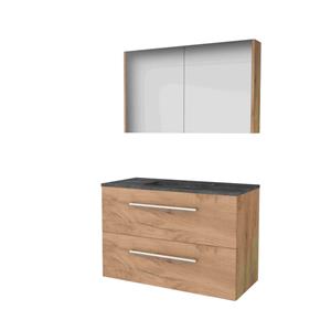 Basic Line Basic-Line Comfort 46 badkamermeubelset - 100x46cm - met grepen - 2 lades - hardsteen wastafel - 0 kraangaten - Spiegelkast - MFC Whisky Oak 1813373