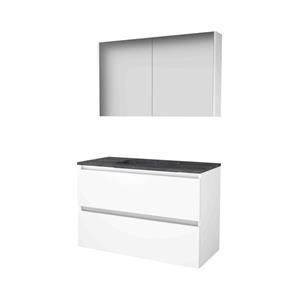 Basic Line Basic-Line Comfort 46 badkamermeubelset - 100x46cm - greeploos - 2 lades - hardsteen wastafel - 1 kraangat - Spiegelkast - MDF lak Ice White 1813165