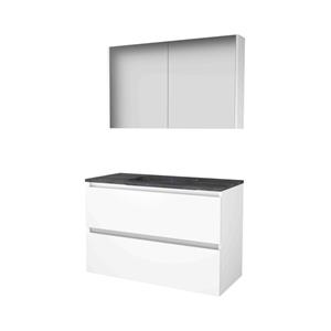 Basic Line Basic-Line Comfort 46 badkamermeubelset - 100x46cm - greeploos - 2 lades - hardsteen wastafel - 0 kraangaten - Spiegelkast - MDF lak Ice White 1813162