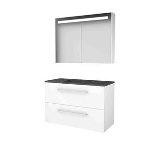 Basic Line Basic-Line Premium 46 badkamermeubelset - 100x46cm - met grepen - 2 lades - hardsteen wastafel - 1 kraangat - Spiegelkast - geintegreerde LED verlichting - MDF lak Ice White 1813405