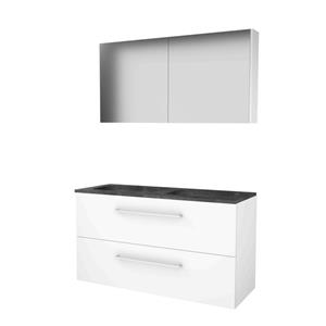 Basic Line Basic-Line Comfort 46 badkamermeubelset - 120x46cm - met grepen - 2 lades - hardsteen wastafel - 2 kraangaten - Spiegelkast - MDF lak Ice White 1813381