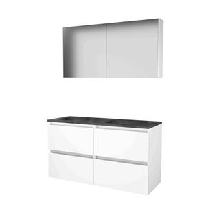 Basic Line Basic-Line Comfort 46 badkamermeubelset - 120x46cm - greeploos - 4 lades - hardsteen wastafel - 2 kraangaten - Spiegelkast - MDF lak Ice White 1813177