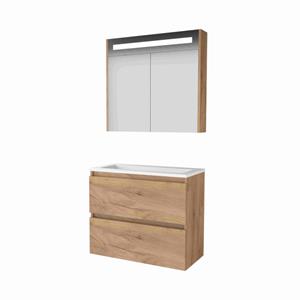 Basic Line Basic-Line Premium 39 badkamermeubelset - 80x39cm - greeploos - 2 lades - acryl wastafel - 0 kraangaten - Spiegelkast - geintegreerde LED verlichting - MFC Whisky Oak 1810331