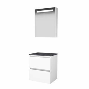 Basic Line Basic-Line Premium 46 badkamermeubelset - 60x46cm - greeploos - 2 lades - hardsteen wastafel - 0 kraangaten - Spiegelkast - geintegreerde LED verlichting - MDF lak Ice White 1813180