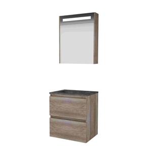 Basic Line Basic-Line Premium 46 badkamermeubelset - 60x46cm - greeploos - 2 lades - hardsteen wastafel - 0 kraangaten - Spiegelkast - geintegreerde LED verlichting - MFC Scotch Oak 1813182