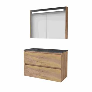 Basic Line Basic-Line Premium 46 badkamermeubelset - 100x46cm - greeploos - 2 lades - hardsteen wastafel - 0 kraangaten - Spiegelkast - geintegreerde LED verlichting - MFC Whisky Oak 1813193