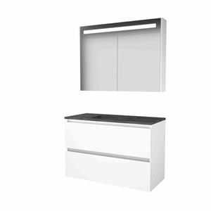 Basic Line Basic-Line Premium 46 badkamermeubelset - 100x46cm - greeploos - 2 lades - hardsteen wastafel - 1 kraangat - Spiegelkast - geintegreerde LED verlichting - MDF lak Ice White 1813195