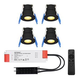 HOFTRONIC™ Set van 4 12V 3W - Mini LED Inbouwspot - Zwart - Dimbaar - Verzonken - Verandaverlichting - IP65 voor buiten - 2700K - Warm wit