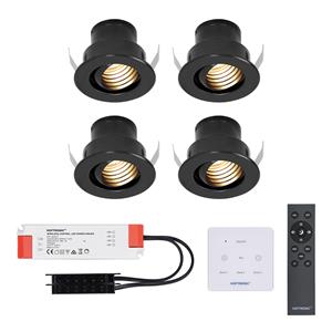 HOFTRONIC™ Set van 4 12V 3W - Mini LED Inbouwspot - Zwart - Dimbaar - Kantelbaar & verzonken - Verandaverlichting - Incl. Muurdimmer - IP44 voor buiten - 2700K - Warm wit