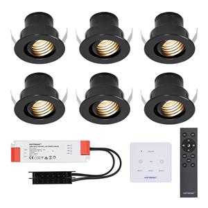 HOFTRONIC™ Set van 6 12V 3W - Mini LED Inbouwspot - Zwart - Dimbaar - Kantelbaar & verzonken - Verandaverlichting - Incl. Muurdimmer - IP44 voor buiten - 2700K - Warm wit