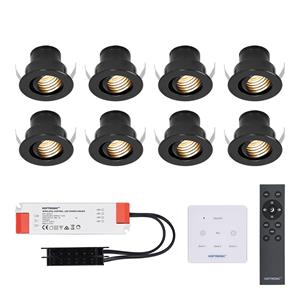 HOFTRONIC™ Set van 8 12V 3W - Mini LED Inbouwspot - Zwart - Dimbaar - Kantelbaar & verzonken - Verandaverlichting - Incl. Muurdimmer - IP44 voor buiten - 2700K - Warm wit