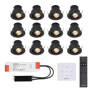 HOFTRONIC™ Set van 12 12V 3W - Mini LED Inbouwspot - Zwart - Dimbaar - Kantelbaar & verzonken - Verandaverlichting - Incl. Muurdimmer - IP44 voor buiten - 2700K - Warm wit
